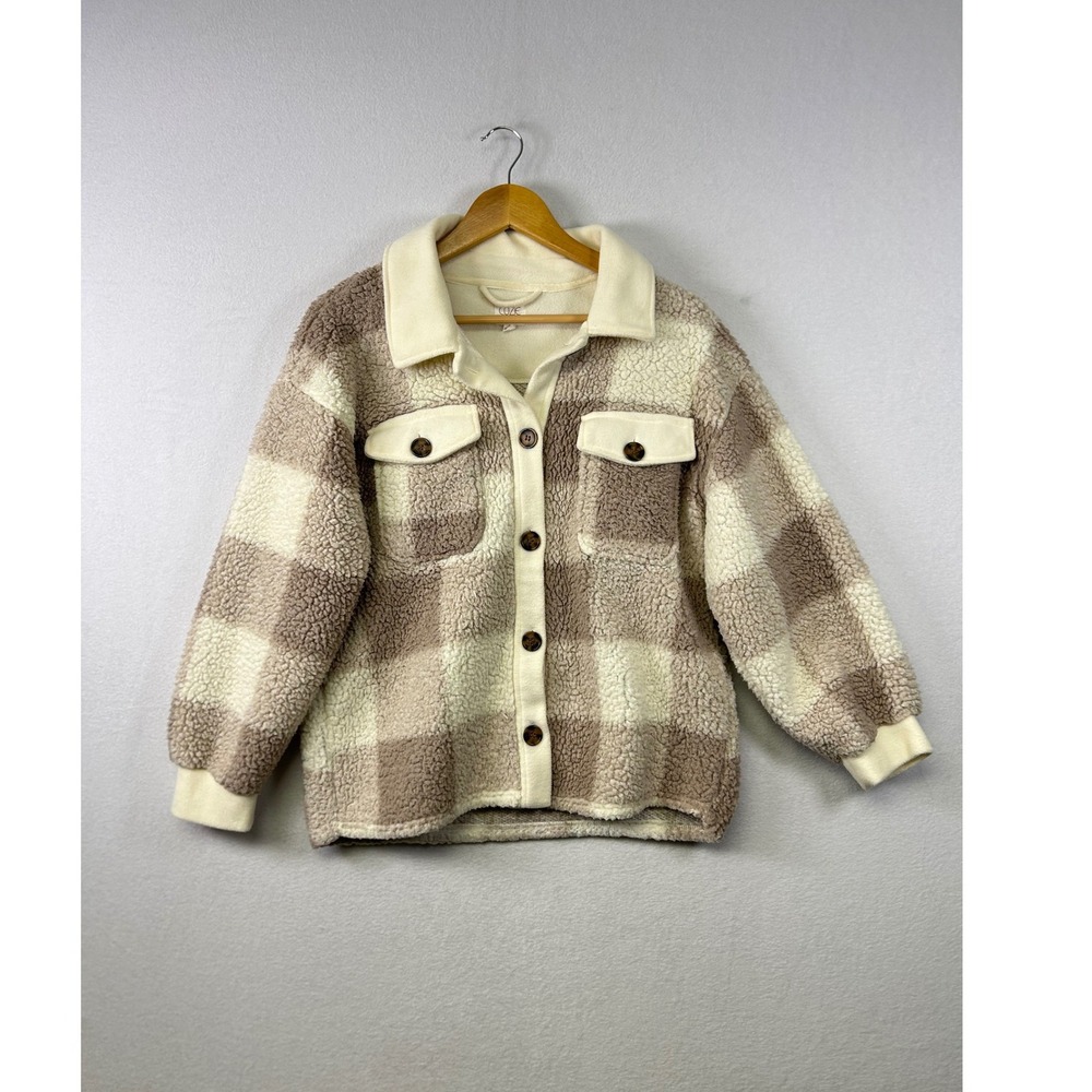 COZIE by PINK ROSE Plaid Sherpa Shacket Jacket‎ Cream Brown Button Up Size L